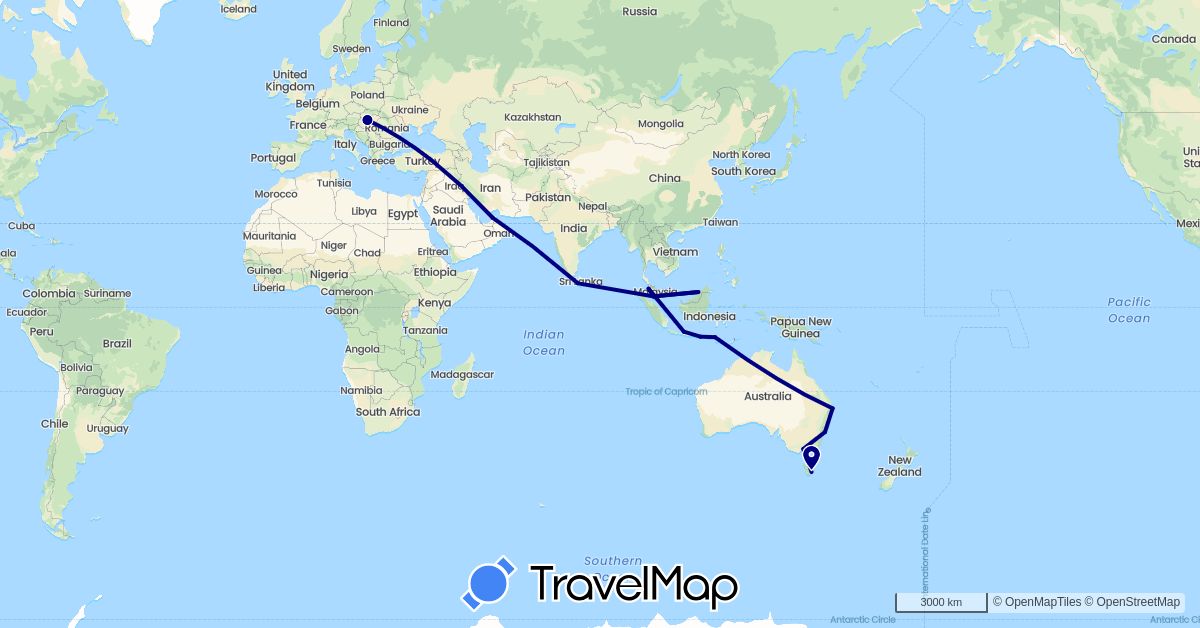 TravelMap itinerary: driving in United Arab Emirates, Australia, Brunei, Hungary, Indonesia, Sri Lanka, Malaysia (Asia, Europe, Oceania)